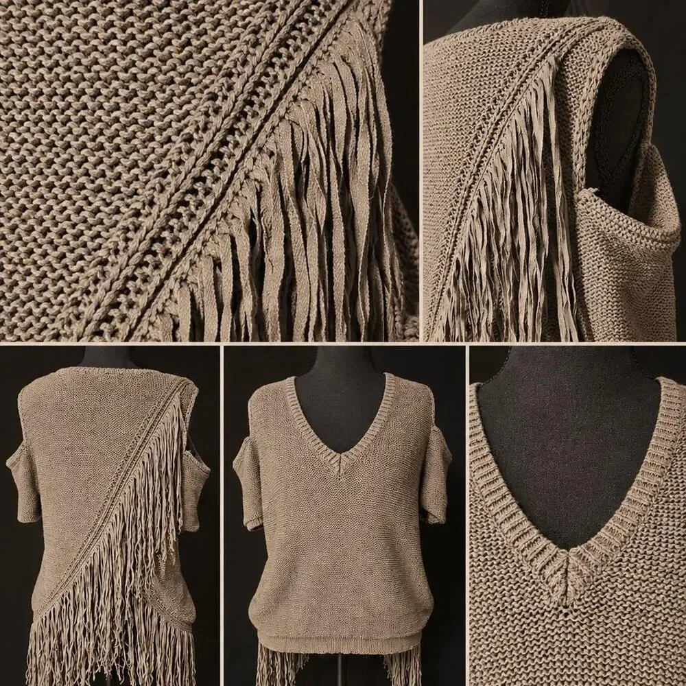 Tan fringe sweater with a boho vibe